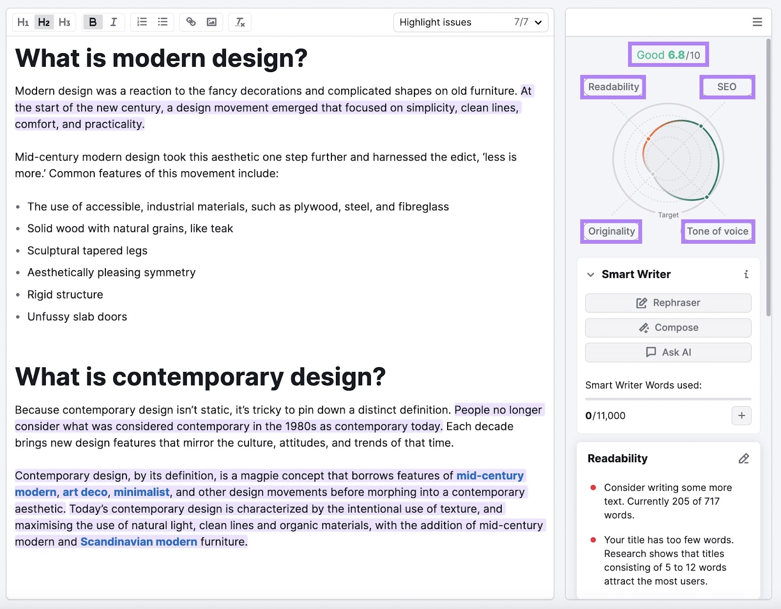 SEO Writing Assistant assessment of modern design article with a score out of 10 for tone of voice, originality, readability and SEO