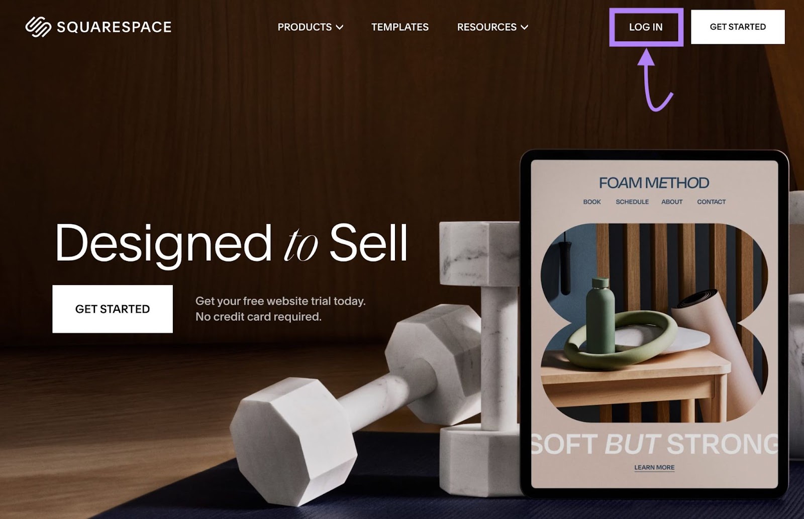 “LOG IN” button highlighted in the upper-right corner of Squarespace landing page