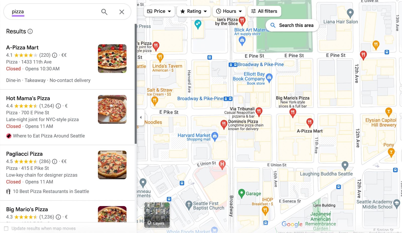 Google Maps results for "pizza"