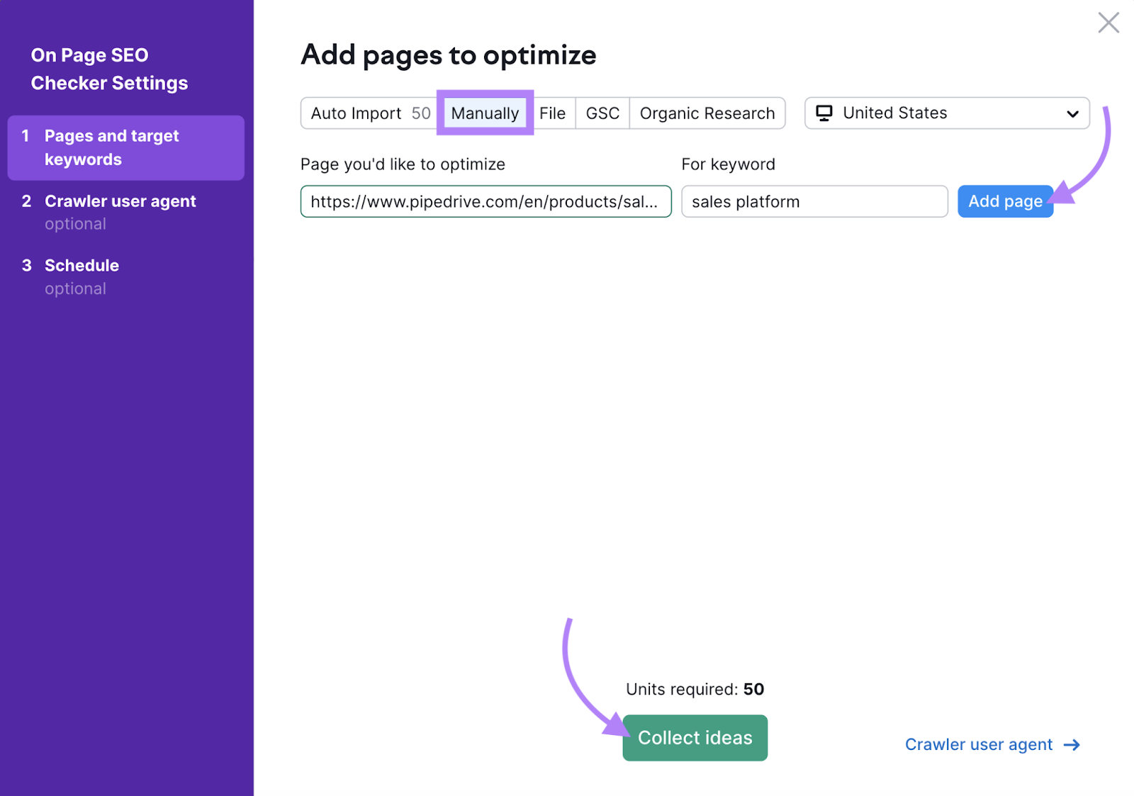 pipedrive product page entered as page we'd like to optimize for the keyword "sales platform"