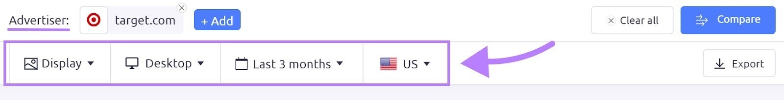 Choose the channel(s), device, time range, and country to analyze in AdClarity