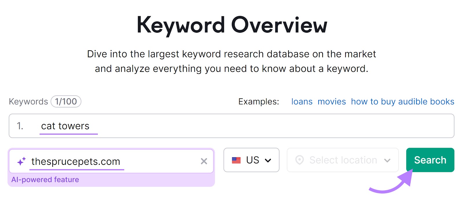 Keyword Overview tool with "cat towers" in the keyword field and "thesprucepets.com" in the domain field.