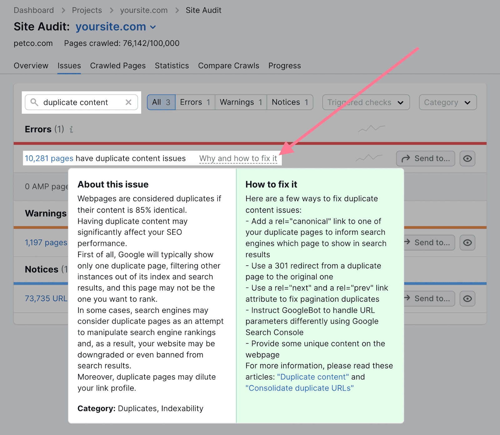 "Why and how to fix it" pop-up for duplicate content issue in Site Audit tool