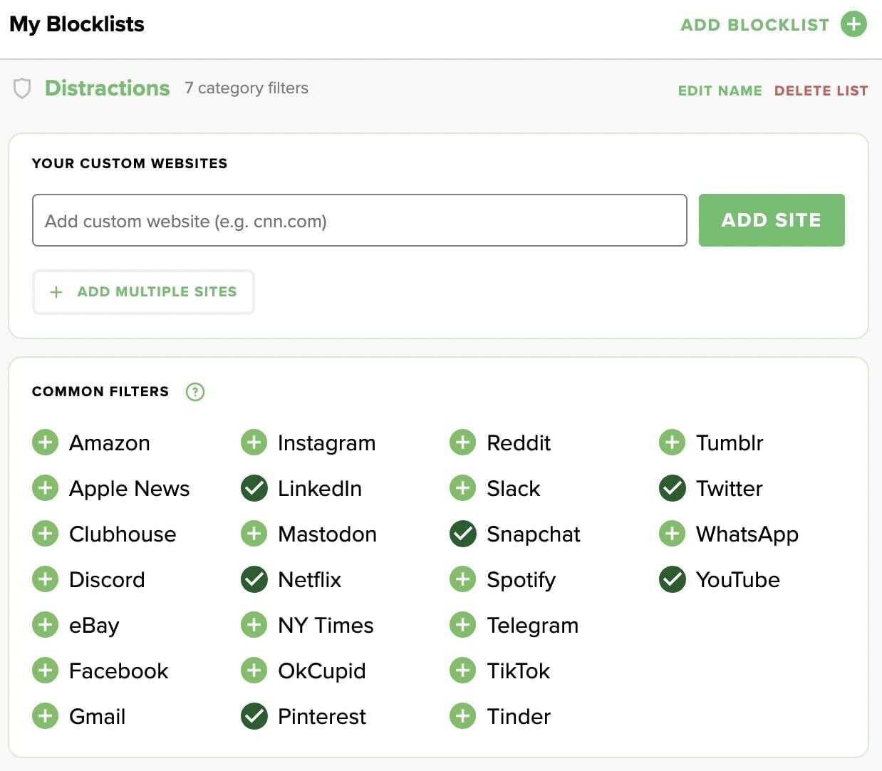 Freedom's "My Blocklists" page