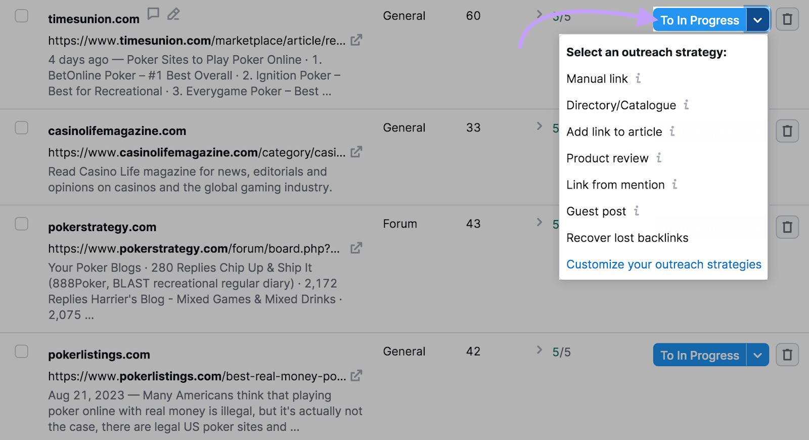 Select an outreach strategy drop-down menu