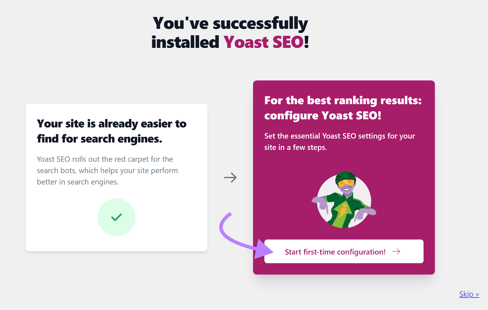 Arrow pointing to 'Start first-time configuration' button for Yoast SEO