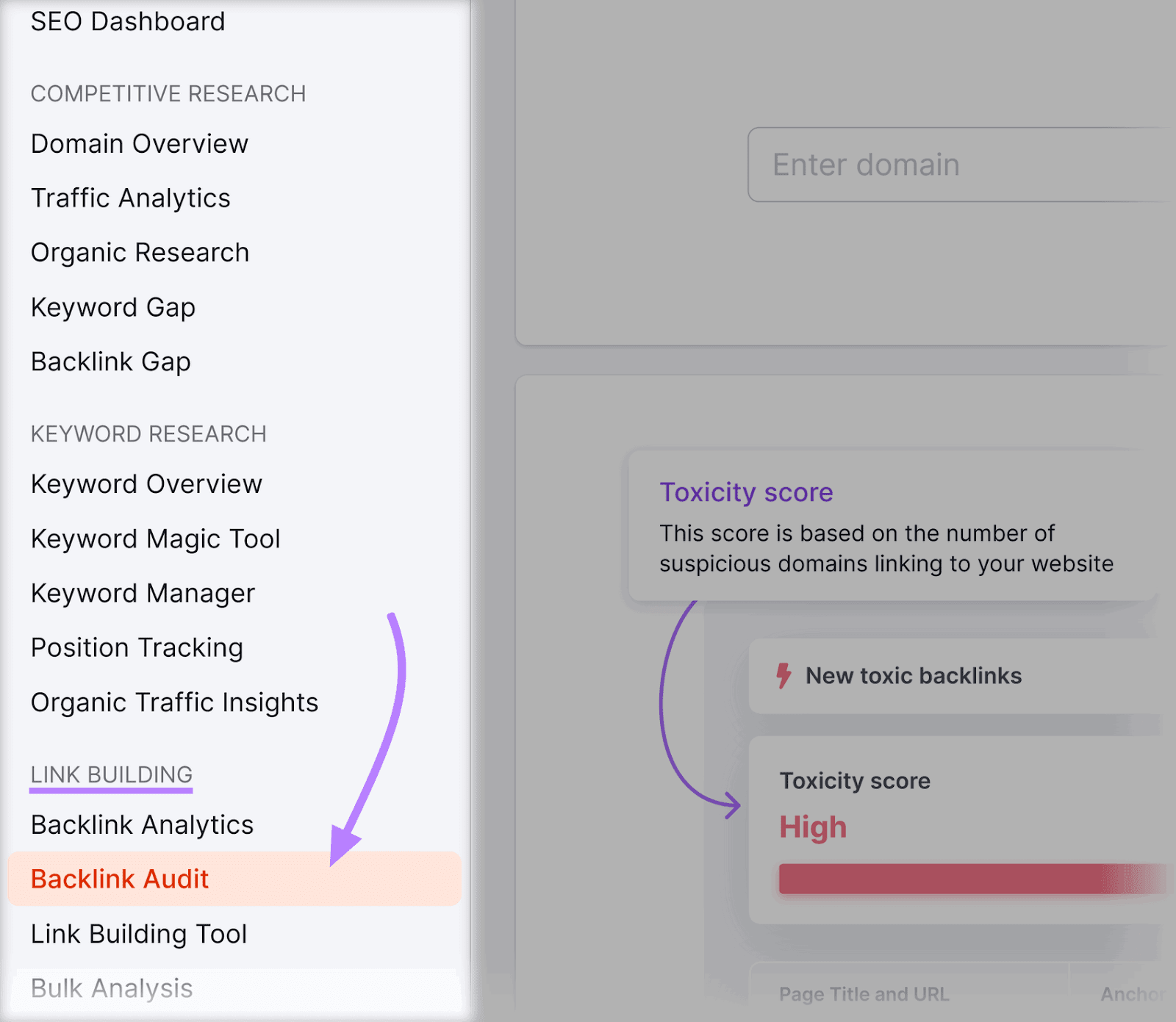 Navigating to Backlink Audit tool in Semrush dashboard