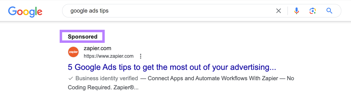 Sponsored result for 'google ads tips' with Sponsored tag highlighted