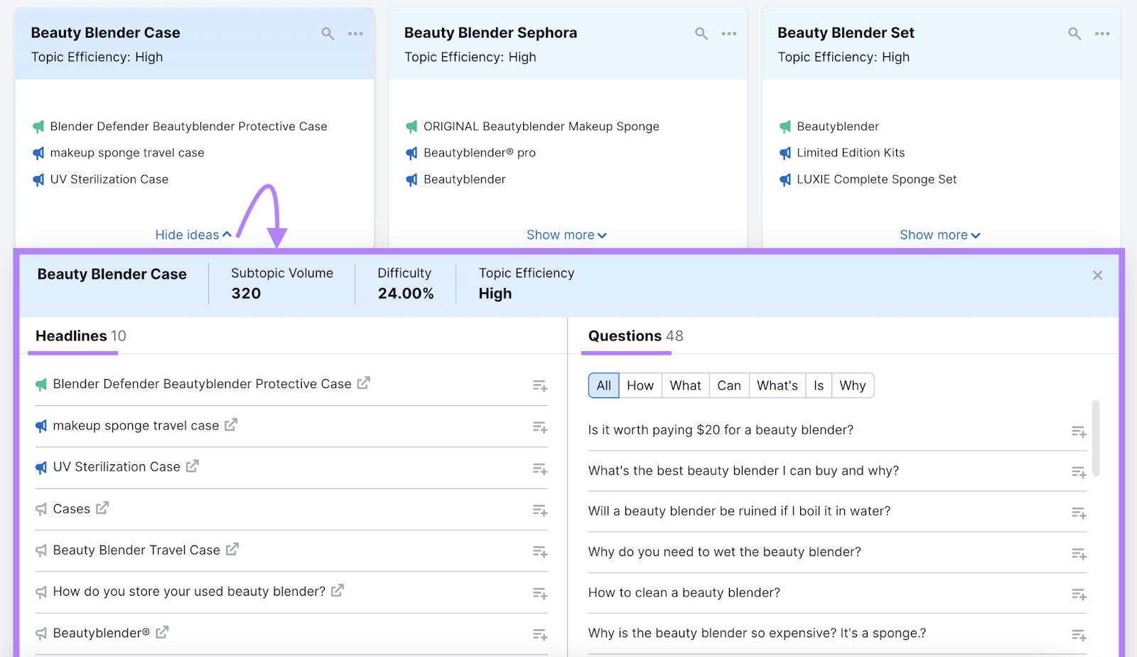 topic research tool search for keyword beauty blender shows relevant headlines and questions for topic ideas