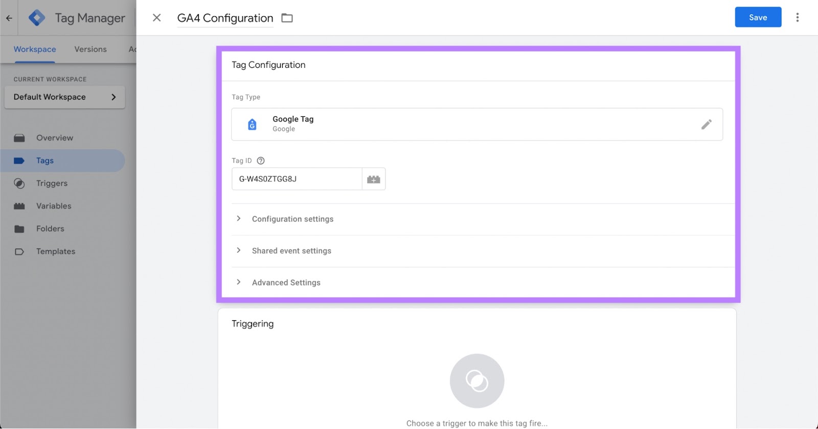 Google tag ID box under ga4 configuration