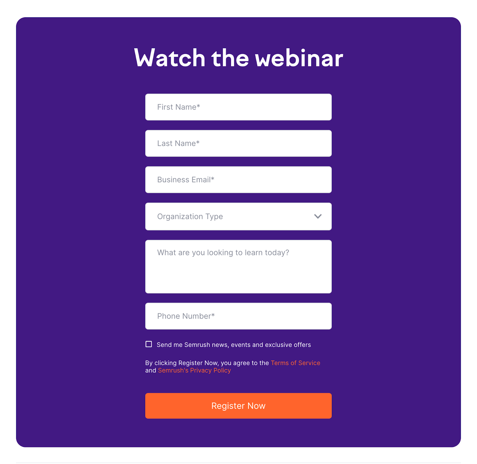 Semrush's webinar opt-in form