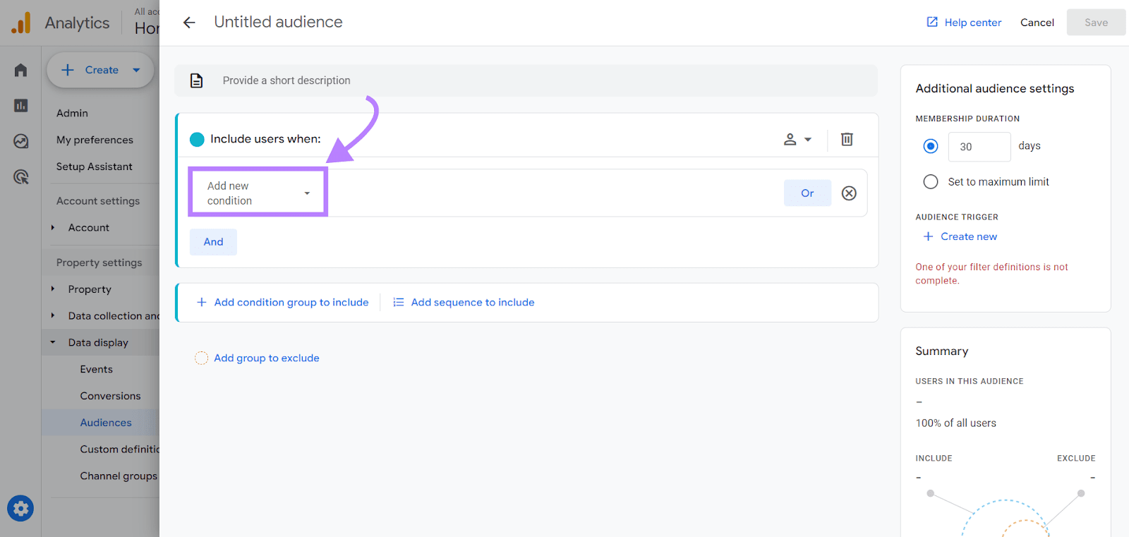 Add new audience conditions in GA4