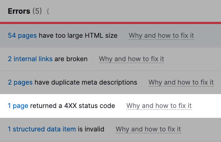 "1 page returned a 4XX status code" highlighted under the “Errors” section