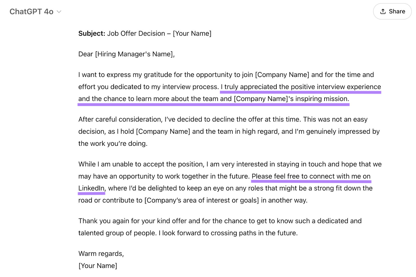 The lines added are "I truly appreciated the positive interview experience and the chance to learn more about the team and [Company Name]'s inspiring mission." and "Please feel free to connect with me on LinkedIn."