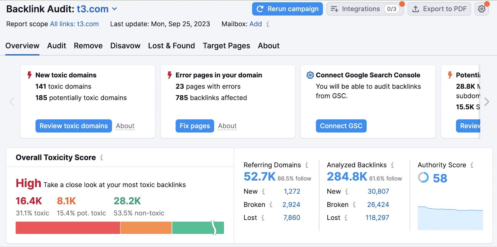 An overview dashboard in Backlink Audit tool