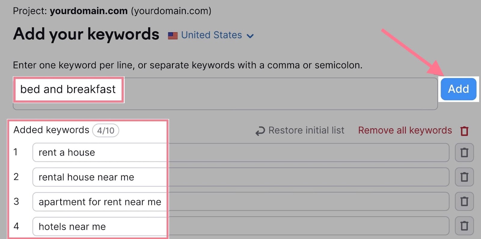 adding bed and breakfast keyword to Keyword Magic Tool