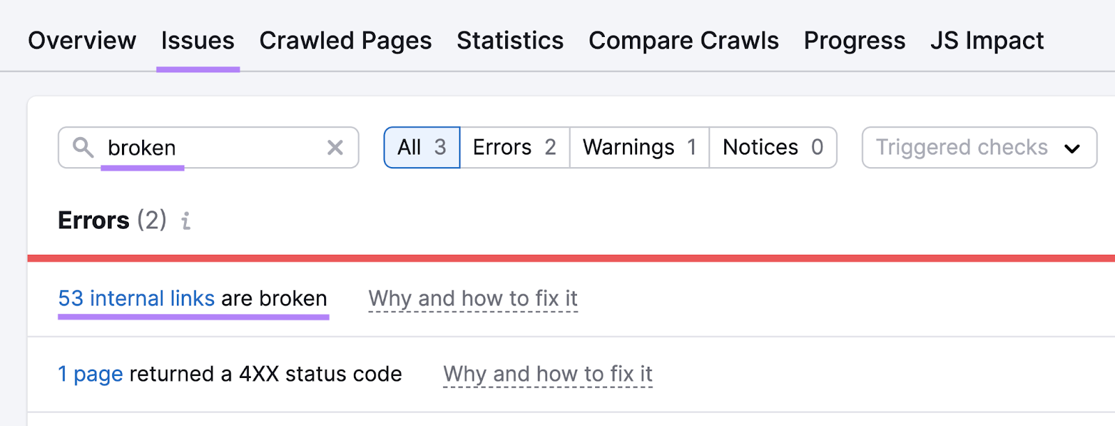 Searching for "broken" under the "Issues" tab in Site Audit tool