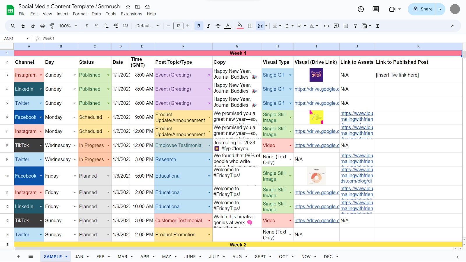 Social media content template from Semrush