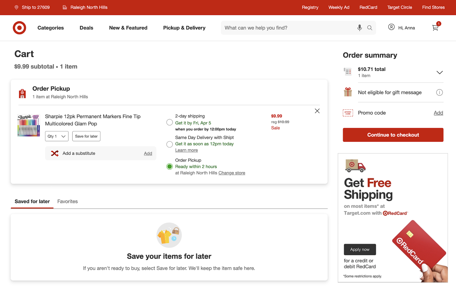 target cart with options for order pickup on desktop