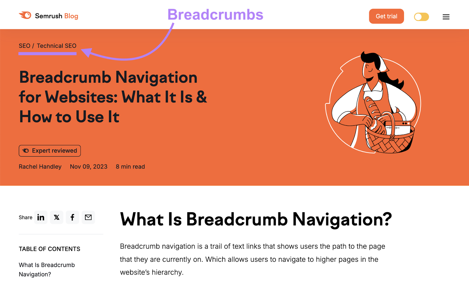 A blog about breadcrumb navigation has the breadcrumbs SEO, technical SEO.