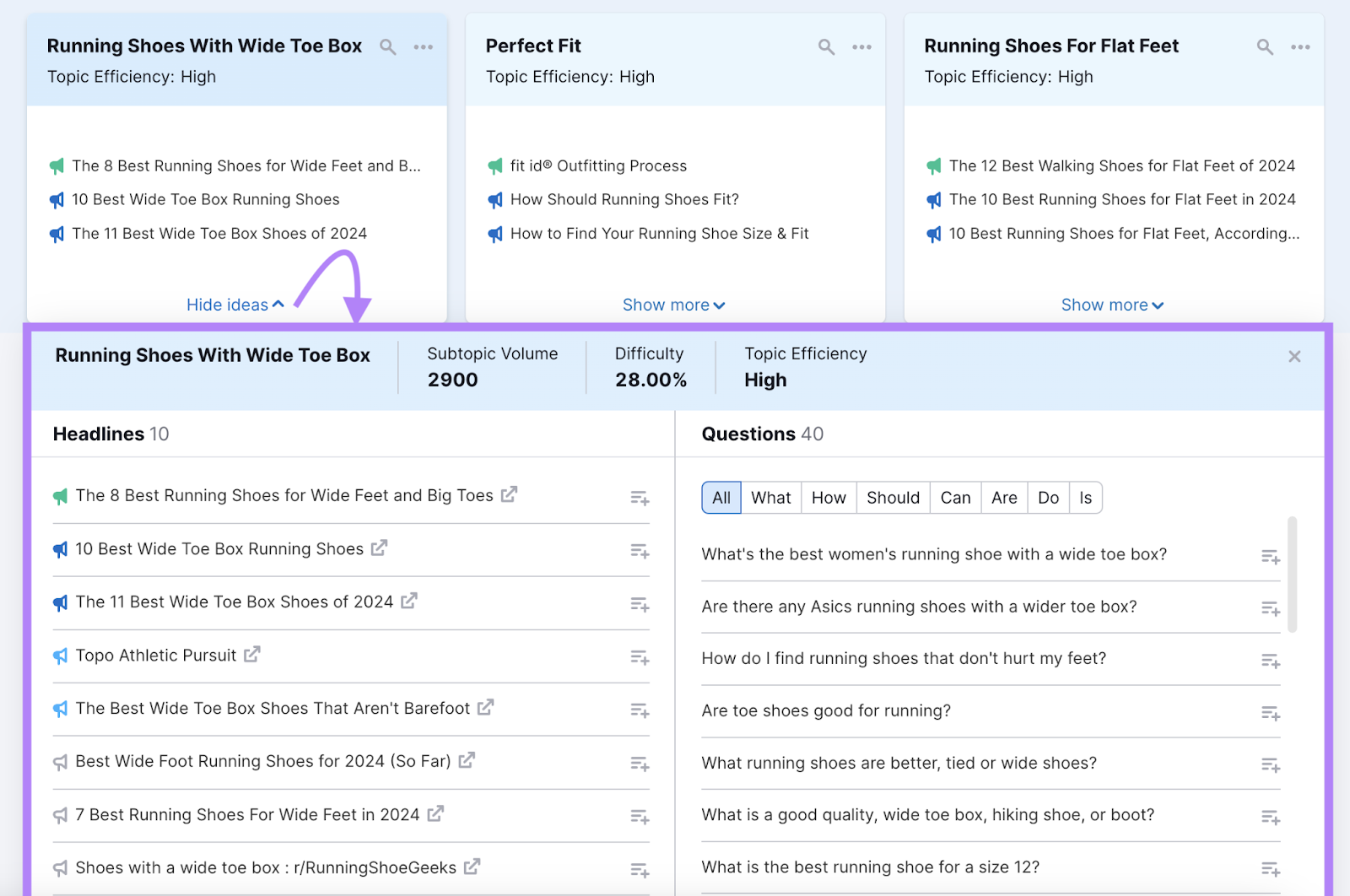 running shoes with wide toe box card opened to show headlines and questions