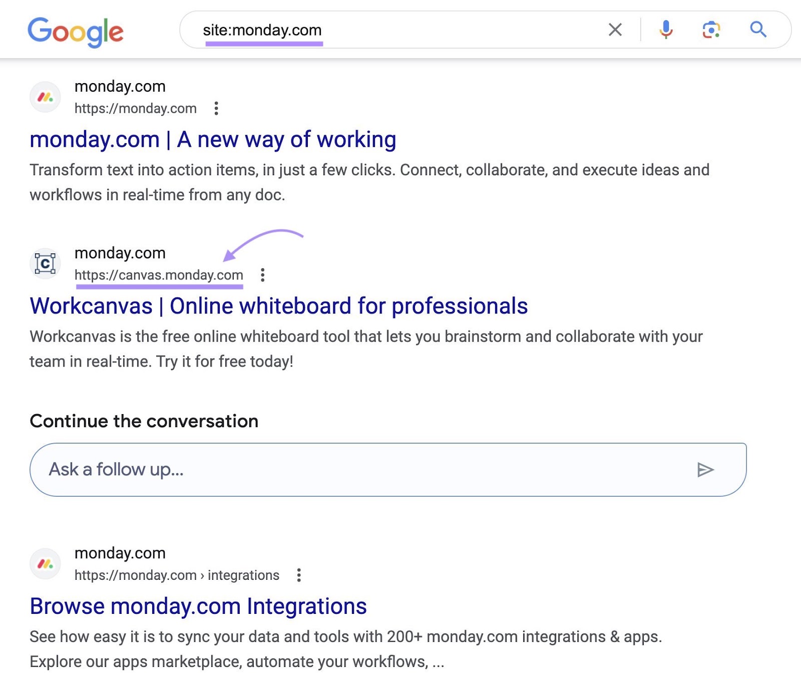 A results from "https://canvas.moday.com" highlighted in Google's SERP for "site:monday.com" site search