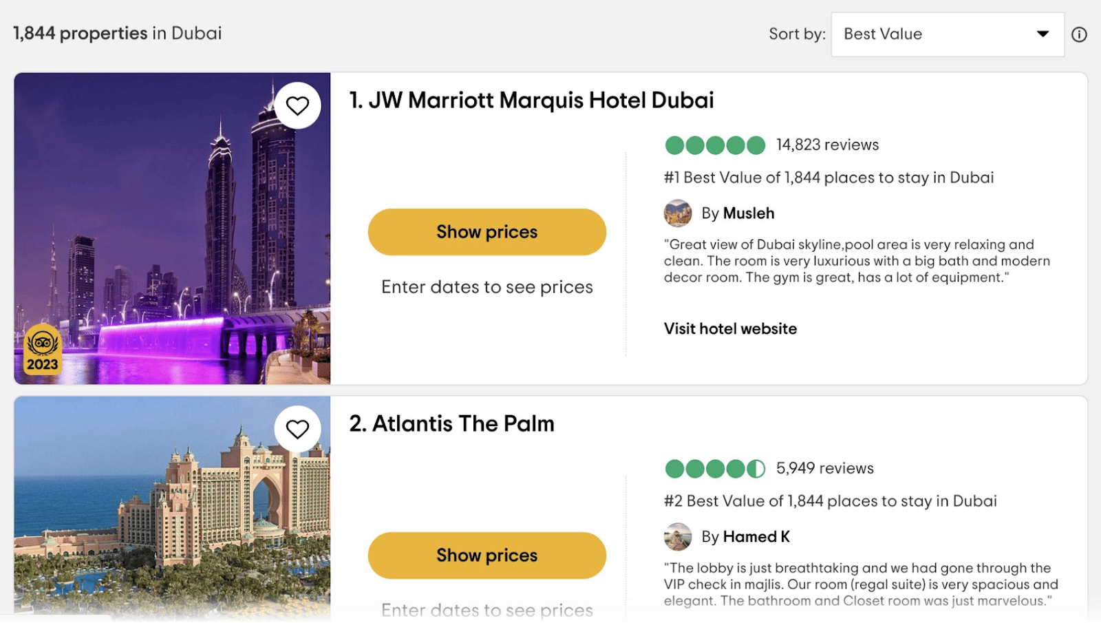 Tripadvisor’s page listing properties in Dubai