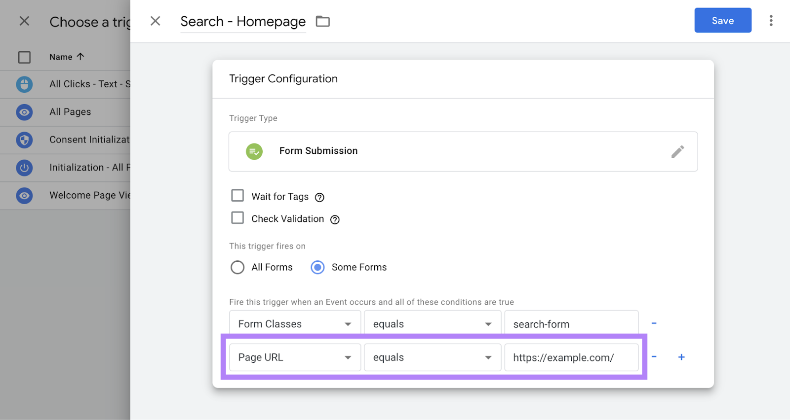 Adding "Page URL" equals "https://example.com" trigger