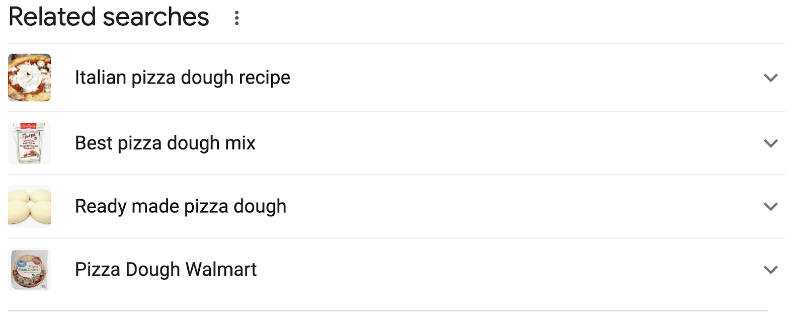 related searches include "italian pizza dough recipe," "best pizza dough mix," "ready made pizza dough," and "pizza dough walmart"