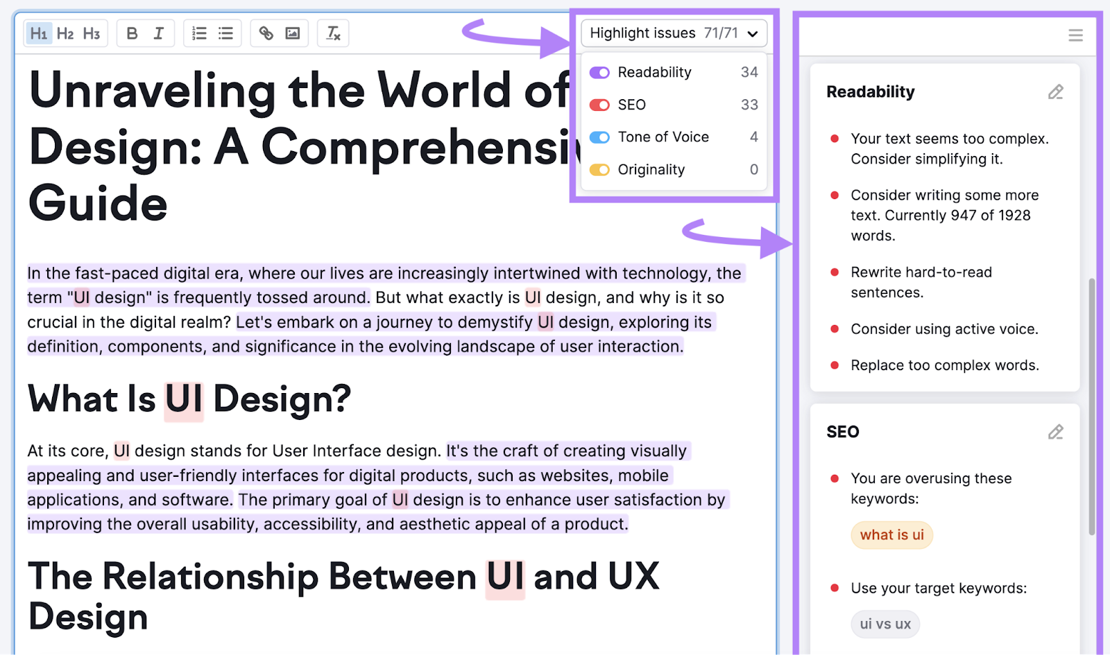 SEO Writing Assistant provides content recommendations for your text in the right-hand panel