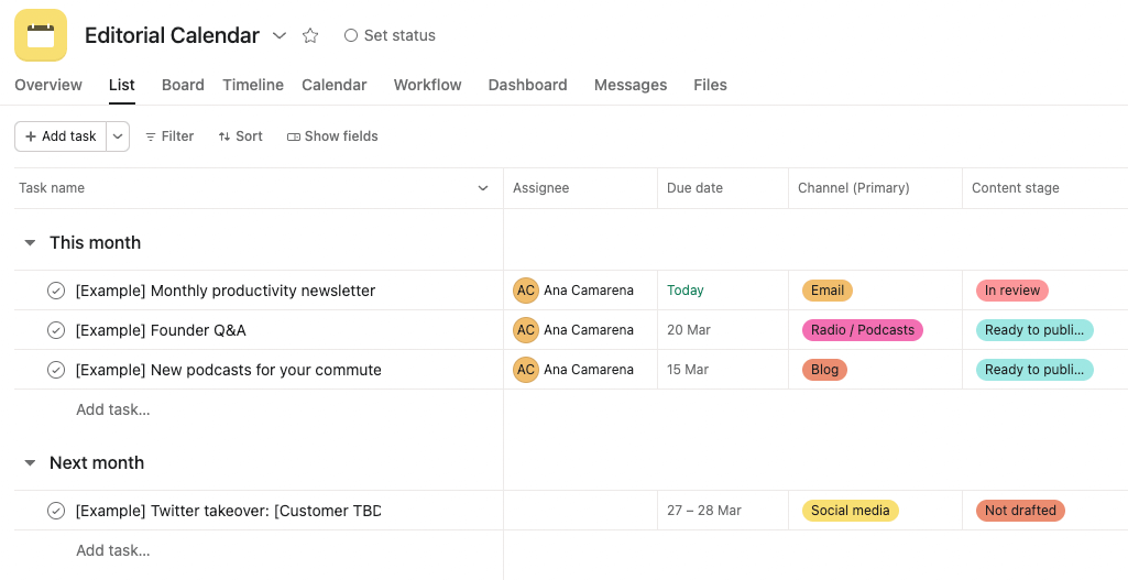 A list format for "Editorial Calendar" in Asana