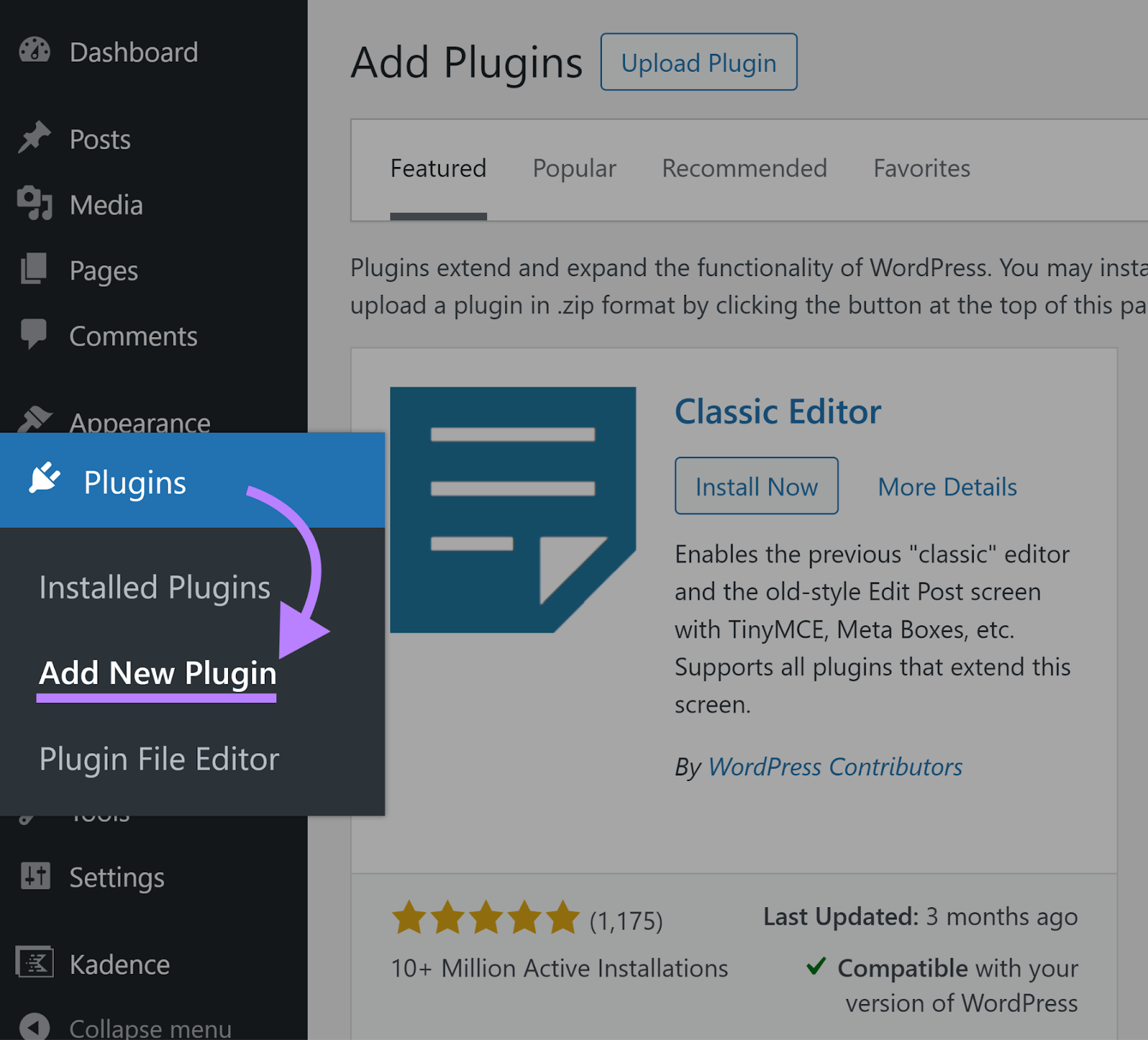 Arrow pointing from Plugins to Add New Plugin menu item in WordPress admin navigation