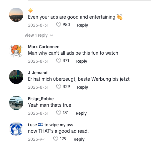 Tiktok reply section showing positive feedback from the audience towards Liam Carp's smooth advertising.