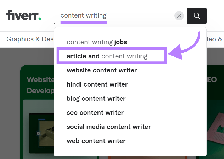 "article and content writing" suggestion selected in Fiverr's search