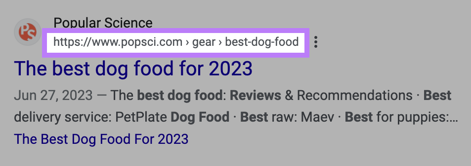 An URL highlighted above title tag on Google's search results page