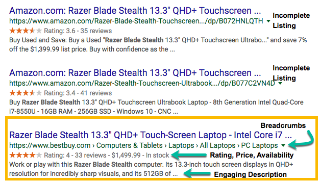 A screenshot of search results noting both incomplete and complete rich snippets