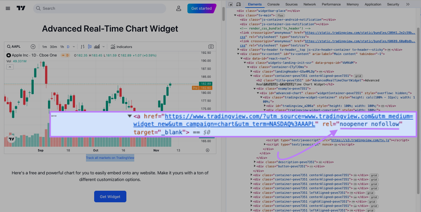 A nofollow link highlighted in TradingView’s stock price widget