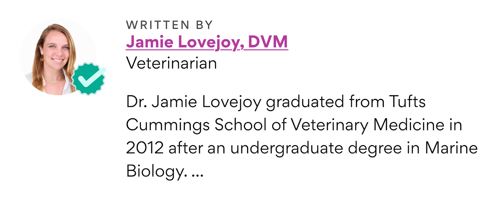 Author bio of Jamie Lovejoy on Petmd website