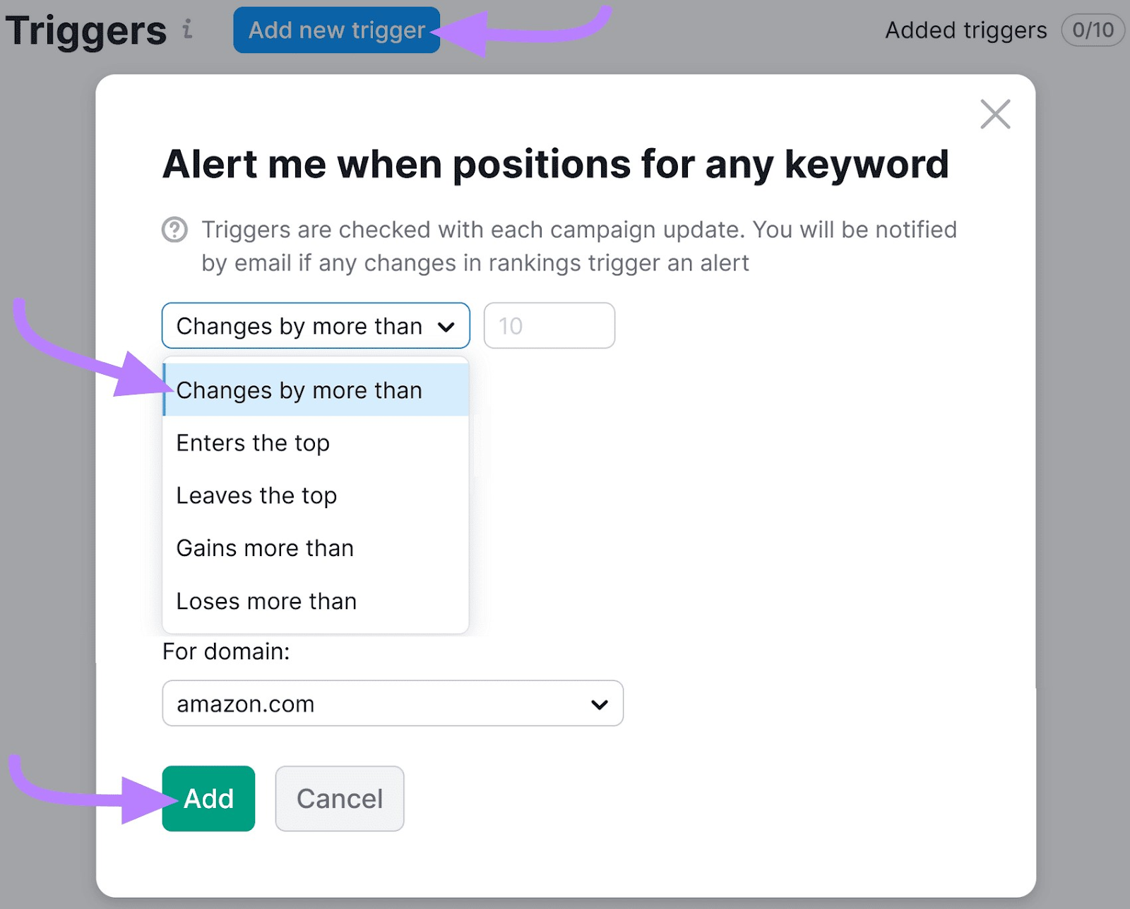 Adding a new trigger in Position Tracking tool