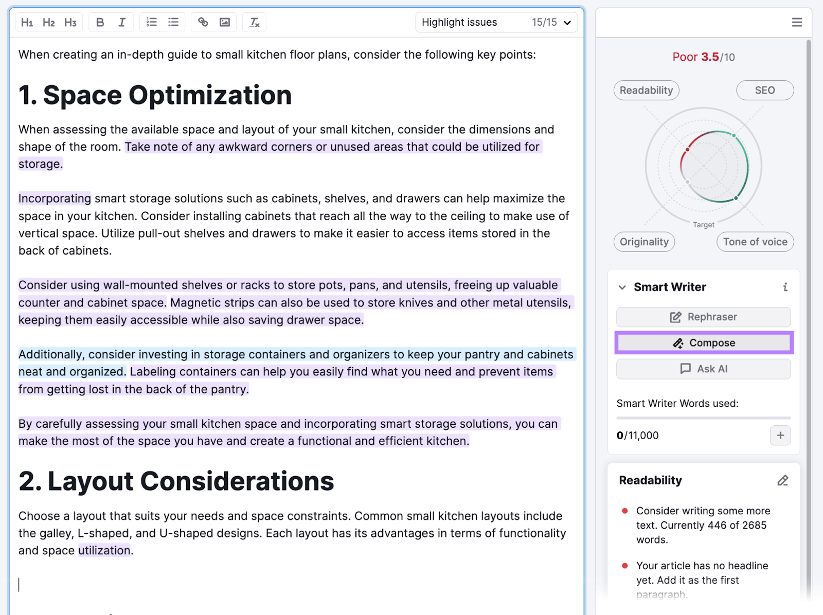 Semrush Smart Writer 'Compose' button highlighted