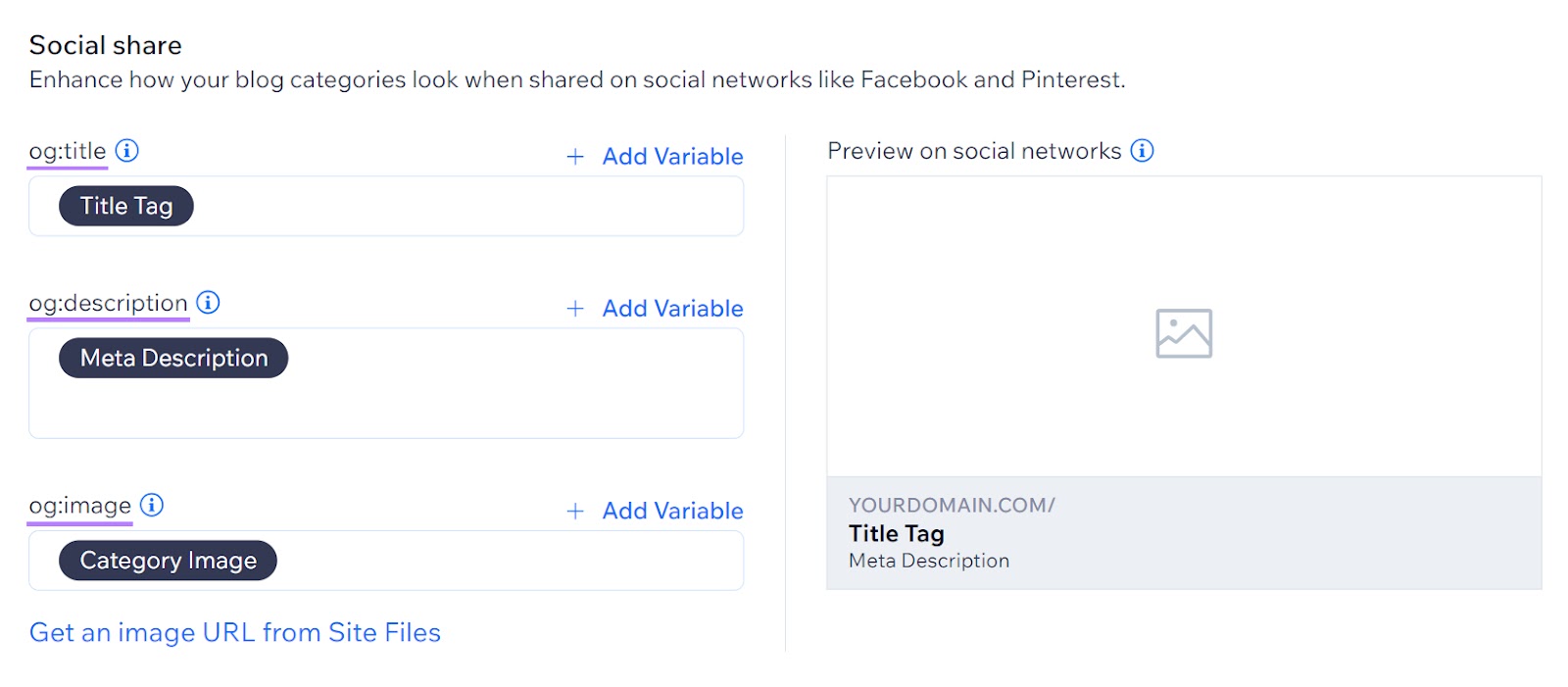 Change values for “og:title,” “og:description,” and “og:image" under "Social share" section