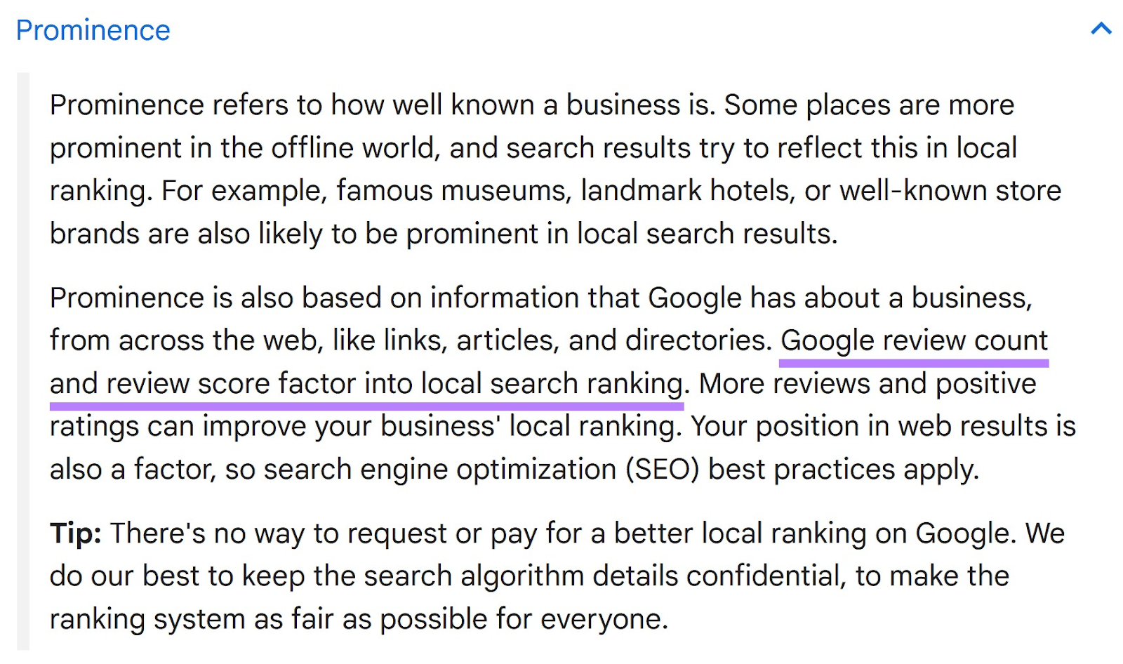 Google's "Prominence" guidelines section