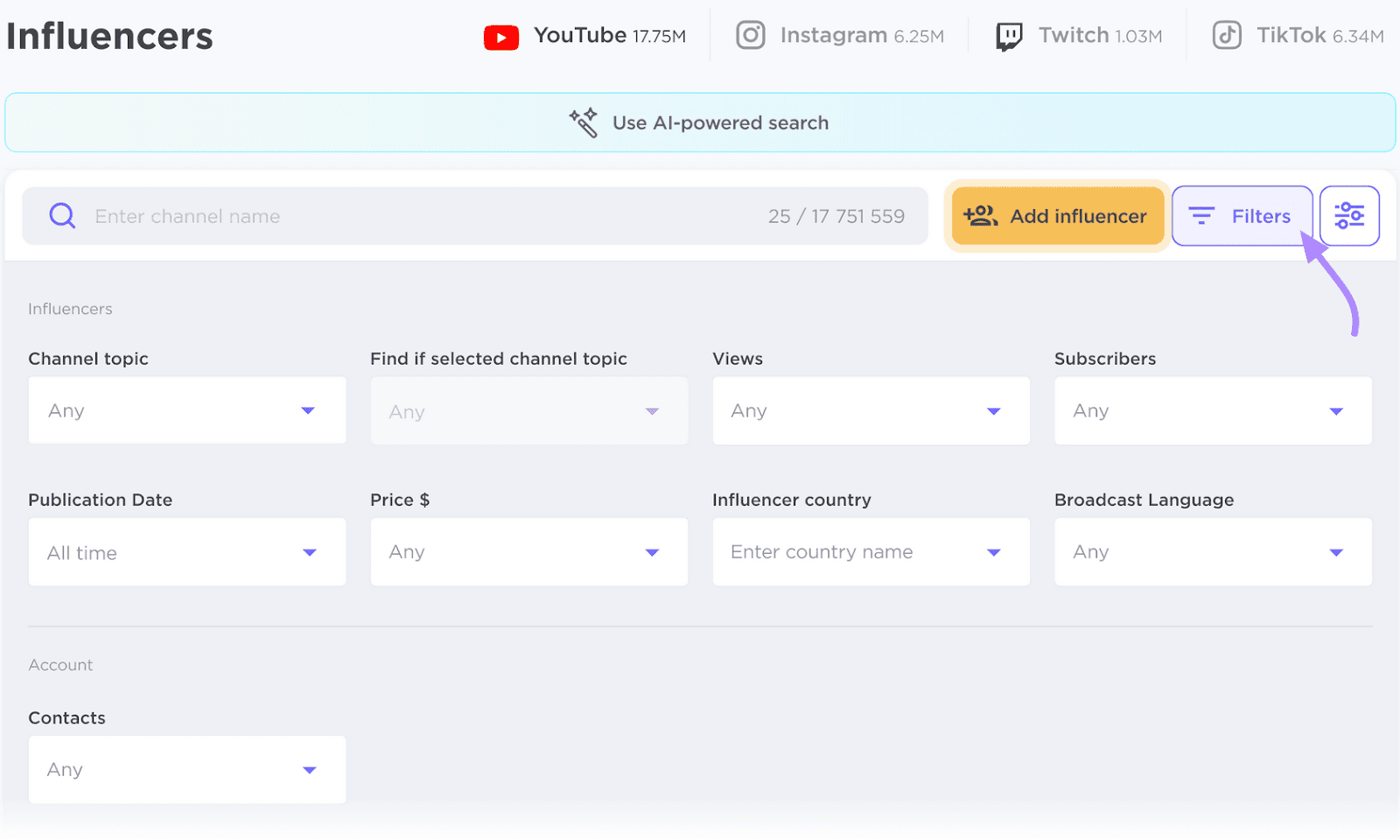 Influencer Analytics interface for searching social media influencers with filtering options.