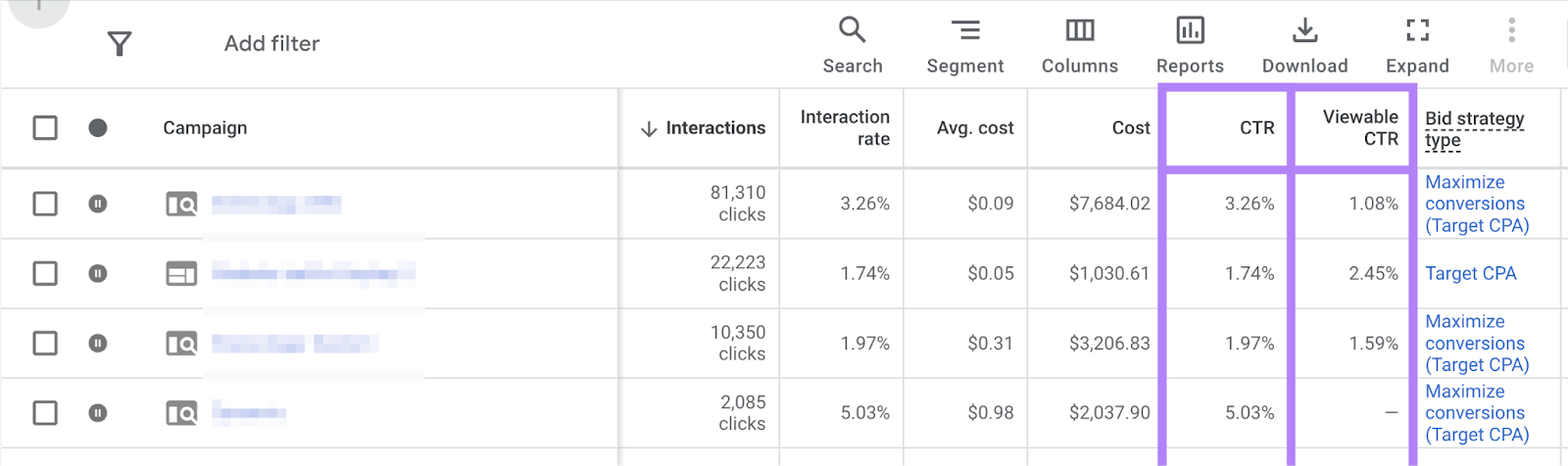 click through rate and viewable ctr columns are highlighted