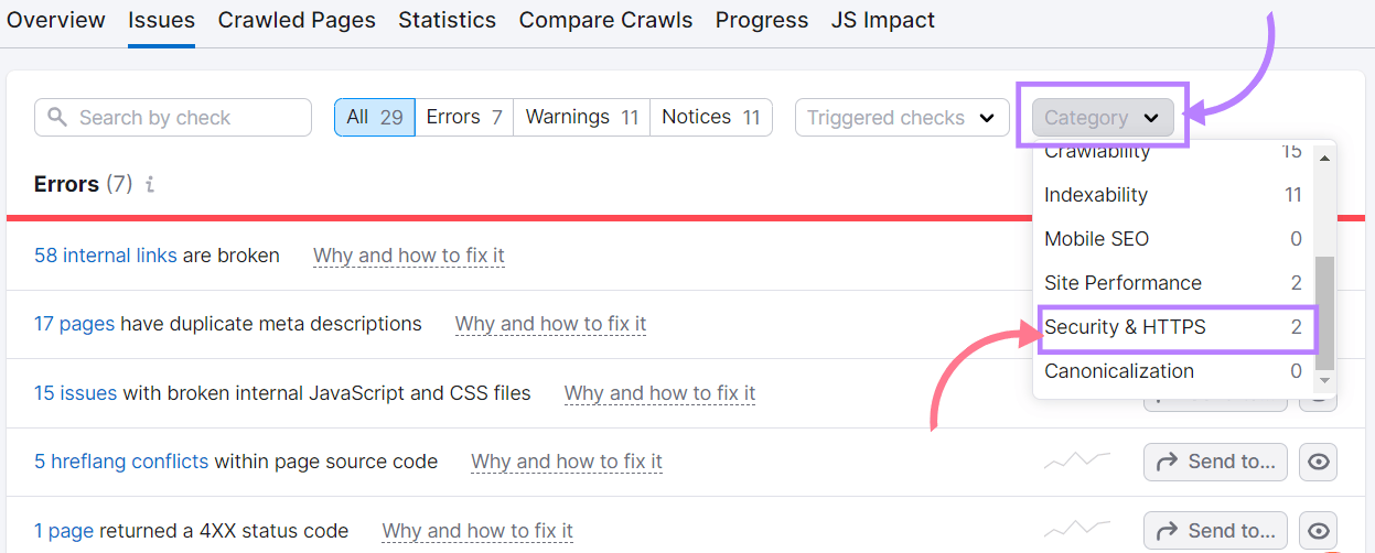 “Security & HTTPS” selected from the “Category” drop-down menu