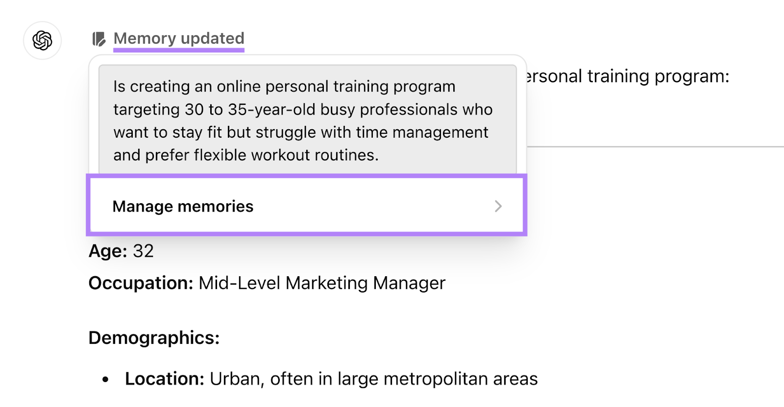 memory updated label above the response with the option to manage memories when you hover over the label