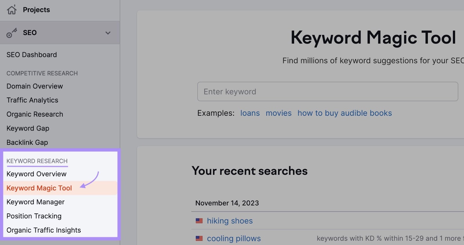 "Keyword Magic Tool" selected from the Semrush menu