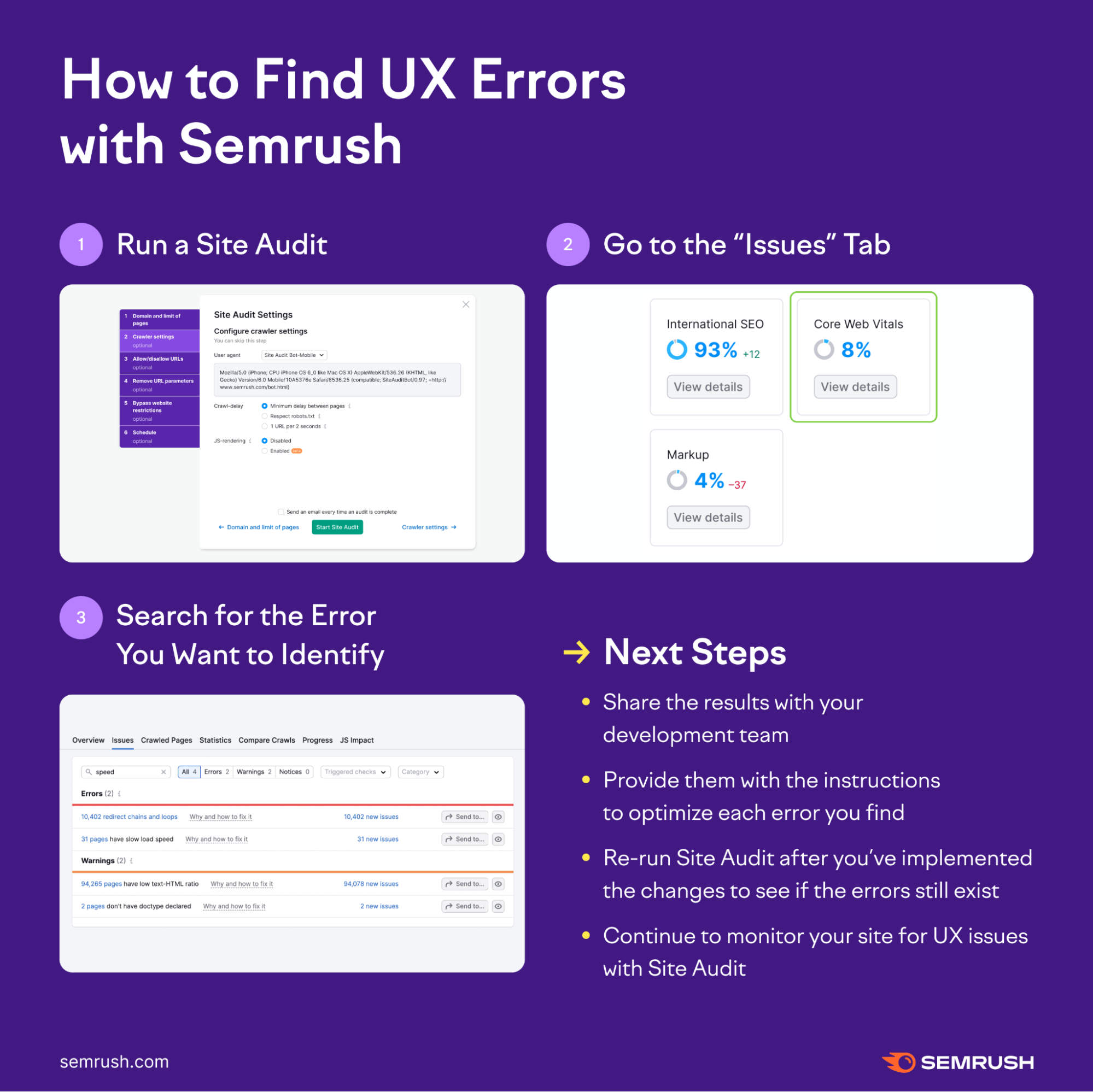 Find UX errors with Semrush's site audit by searching for an error in the Issues tab.