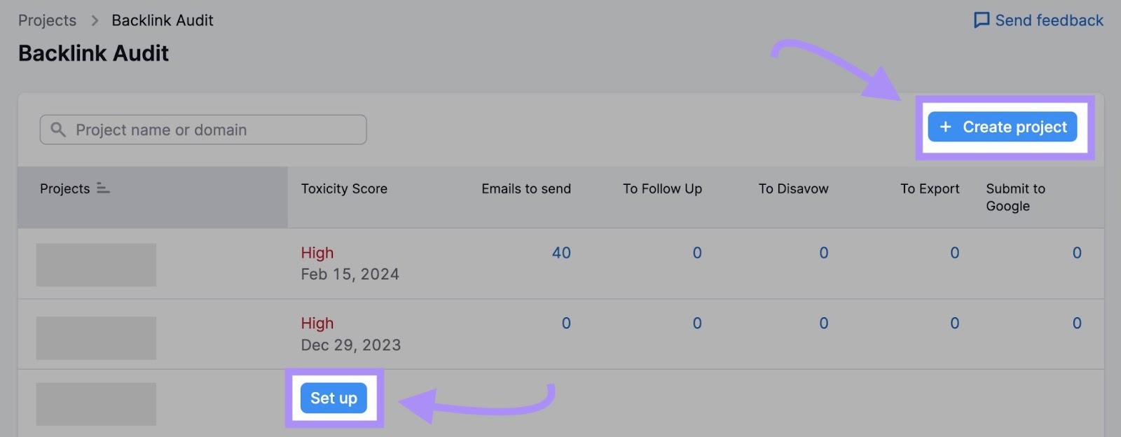 "Set up," and "Create project" buttons in Backlink Audit tool