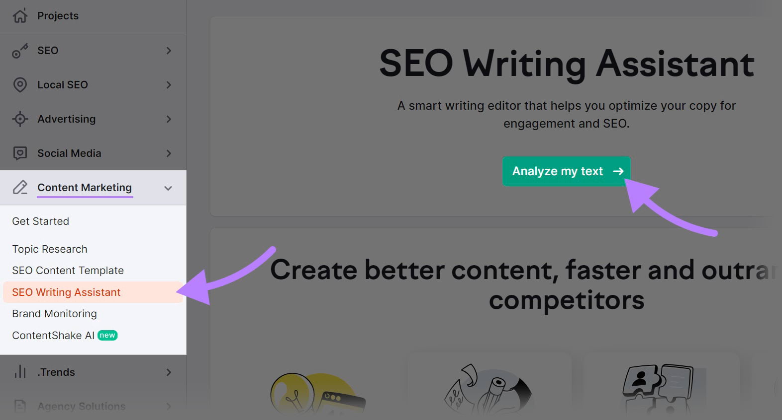 Navigating to SEO Writing Assistant tool in Semrush